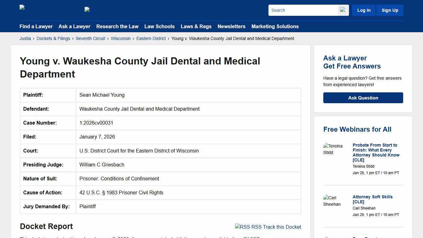 Young v. Waukesha County Jail Dental and Medical Department 1:2026cv00031 U.S. District Court for the Eastern District of Wisconsin Justia
